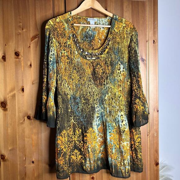 Catherines Animal Print Women’s Blouse 1X Bell Sleeves Boho Lagenlook Flowy Chic - Picture 1 of 8